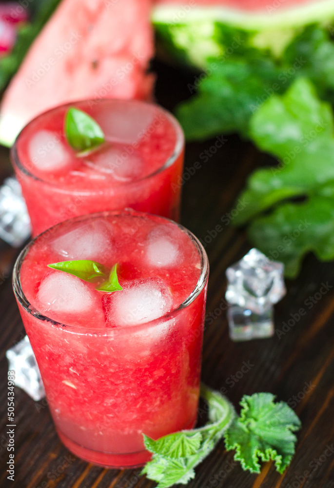 Fresh summer watermelon lemonade in glass glasses. Fresh summer watermelon lemonade in glass glasses.