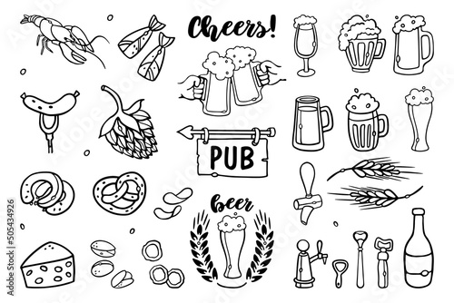 Beer Set Hand drawn Outline Doodles Vector Illustration with lettering. Sketchy beer pub elements collection: glass, mug, hop, beer tap, snacks.
