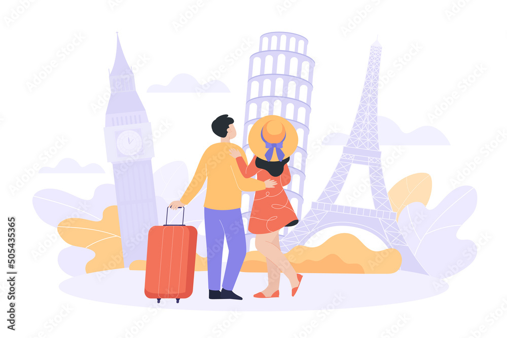 Couple waiting for airplane flight flat vector illustration. Back view of man and woman hugging, looking at Eiffel tower, Big Ben, Leaning tower of Pisa. Famous landmarks, transport, travel concept