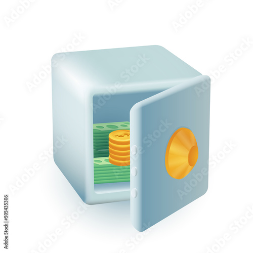 Gold coins and banknotes in vault 3d cartoon style icon. Safe deposit with opened door flat vector illustration. Cash or currency protection, safety, finance, wealth concept