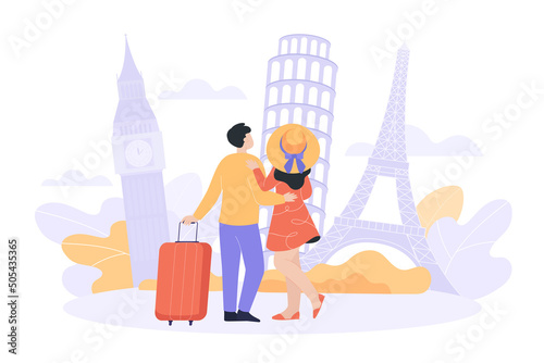 Couple waiting for airplane flight flat vector illustration. Back view of man and woman hugging, looking at Eiffel tower, Big Ben, Leaning tower of Pisa. Famous landmarks, transport, travel concept