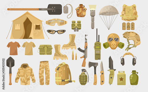 Desert camouflage uniform or equipment cartoon illustration set. Gas mask, tent, military clothes, bulletproof vest, rifle, bullets, hand grenade, parachute, dagger or knife. Army, weapon concept