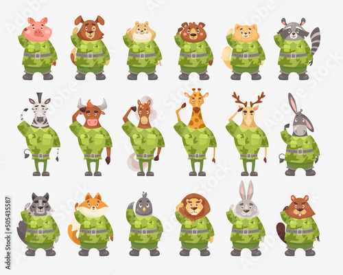 Cute animal soldiers in camouflage cartoon illustration set. Serious pig, dog, giraffe, beaver, bear, zebra, cat, lion in military uniform saluting officer. Army, zoo, warrior concept