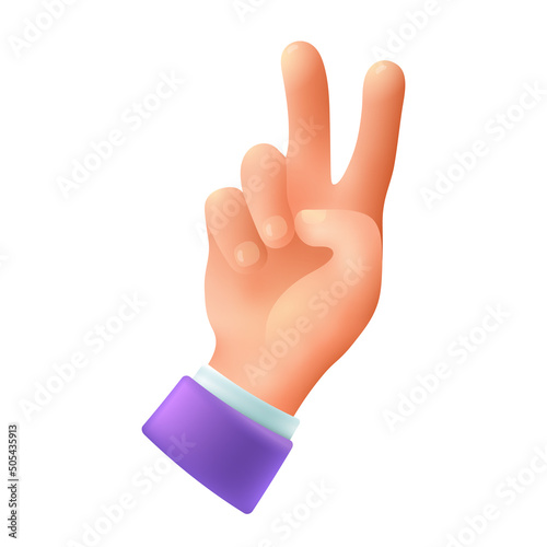 Peace hand gesture 3d cartoon style icon on white background. Hand making victory or salute sign flat vector illustration. Expression, gesturing, greeting concept