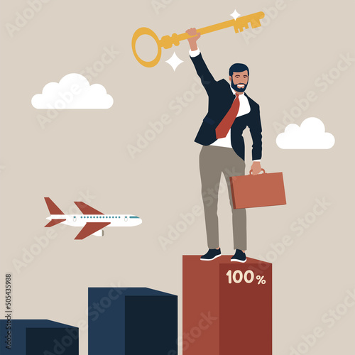 Key to business success, stairway to find secret key or achieve career target concept, businessman winner walk up to top of stairway lifting golden success key to the sky.