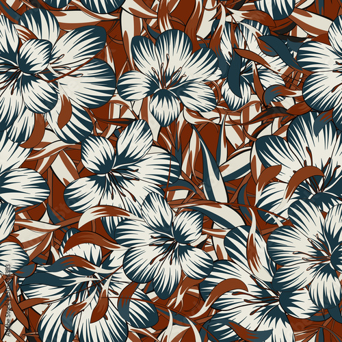 Bright trendy tropical pattern with flowers and leaves. Graphic arts. Background for printing on fabric and paper. photo