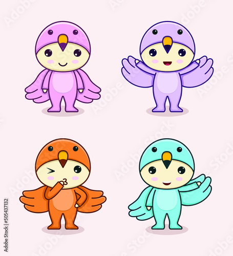 Colorful vector illustration of a cute baby in bird costumes