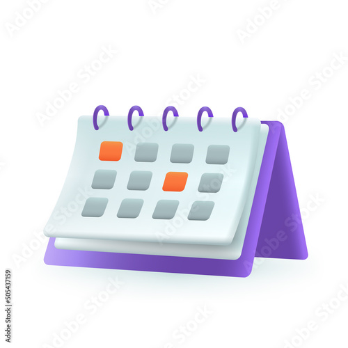 Desk calendar with marked dates 3d cartoon style icon. Planning time and meeting, scheduling flat vector illustration, Appointment, deadline, agenda, reminder, time, management concept