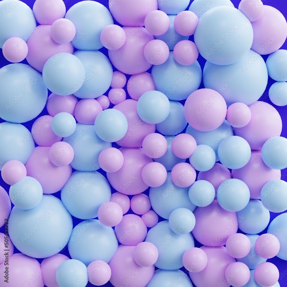 Abstract background of colorful spheres, balls, balloons, geometric shapes, 3d render