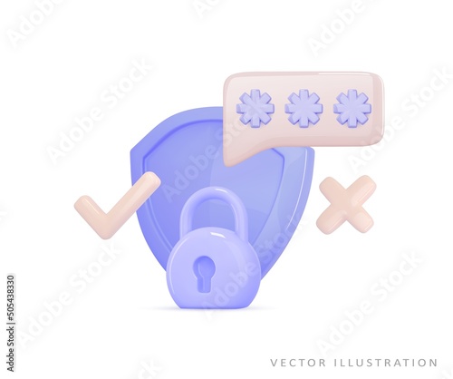 Shield, closed padlock, 2fa two steps authentication password, otp code. 3d secure icon. Concept safety access, security guarantee, protect, safe. Realistic vector illustration