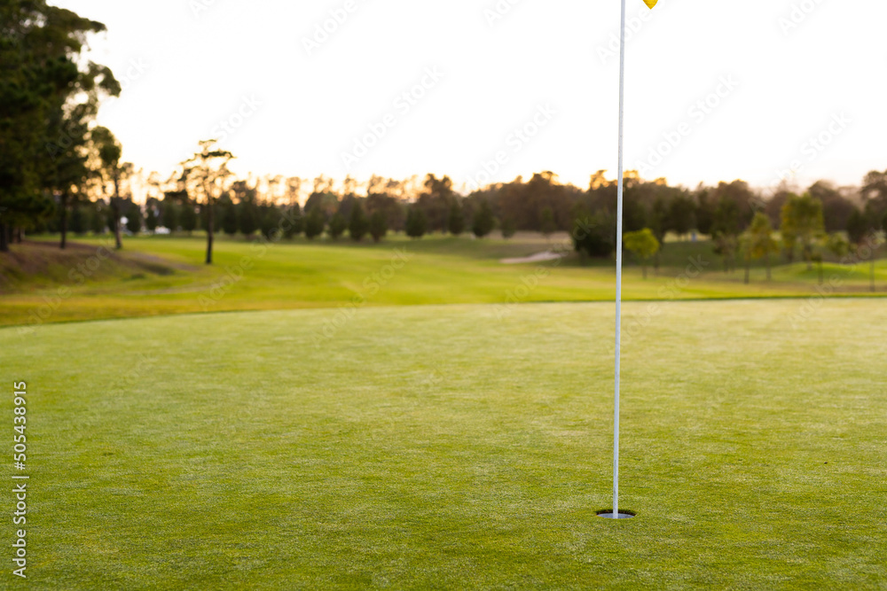 Obraz premium Flagstick in hole amidst grassy landscape against trees and clear sky during sunset, copy space