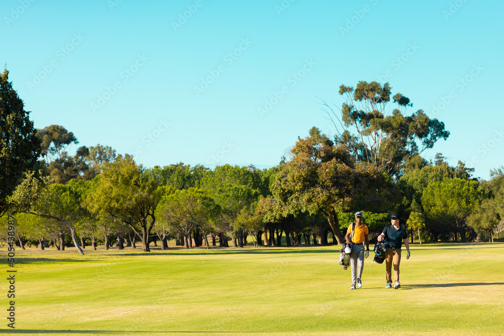 Multiracial young male friends walking against trees and clear sky at golf course in summer Multiracial young male friends walking against trees and clear sky at golf course in summer