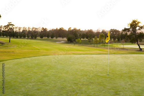 View of golf flag in hole amidst grassy landscape against trees and clear sky during sunset