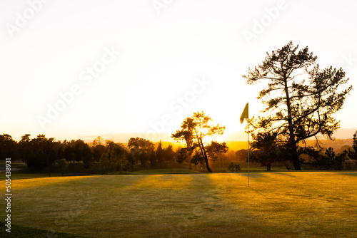 Golf flag in hole amidst grassy landscape against trees and clear sky during sunset, copy space