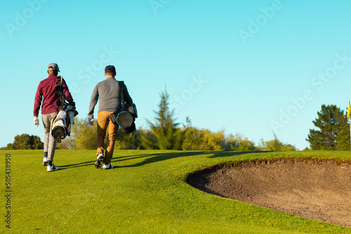 Rear view of young male multiracial friends walking at golf course against clear sky, copy space