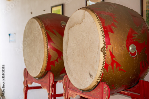 Close-up of traditional Chinese red and gold drum