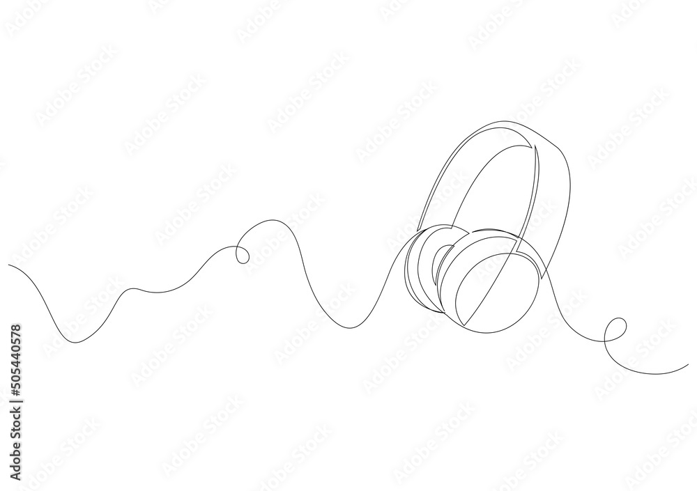 One line headphones. Continuous line drawing of headphones music musical sound wave. Hand drawn vector illustration One line headphones. Continuous line drawing of headphones music musical sound wave. Hand drawn vector illustration