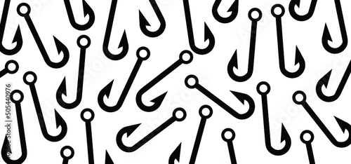 Cartoon fish hook banner. National go fishing day june 18 holiday I love fishing or happy family fish day. Fishhook for in the water, river or lake sign. Fish food icon or logo. Line pattern.