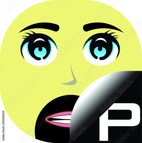 A character of yellow avatar with a letter P and small black beard moustache. Alphabetical cartoon face with a letter P