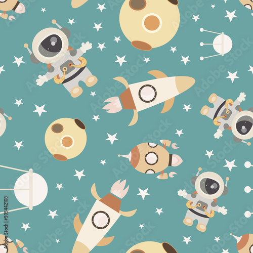 Space Seamless Pattern with space characters – Astronaut, Rockets, Planets on cosmic background. Vector Illustration. Great for baby clothes, nursery decor, wrapping paper.