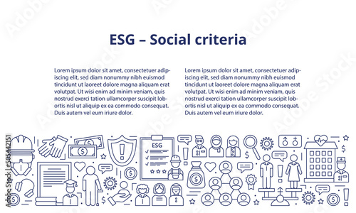 Set icons, ESG social concept. The icons are at the bottom of the banner, and the header and text template are at the top. Banner. Template. Vector illustration isolated on a white background.