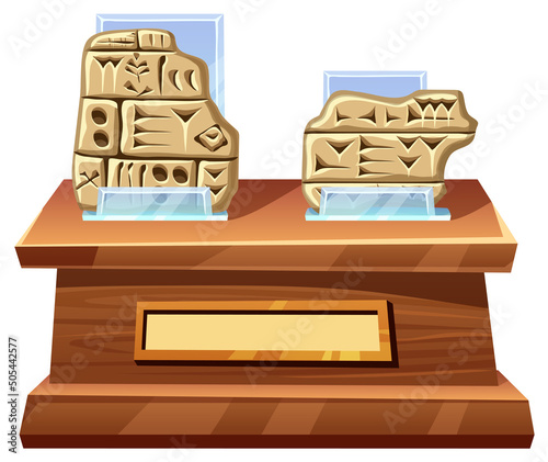Akkadian cuneiform, assyrian, sumerian writing in museum. Old script alphabet babylon in mesopotamia carved on clay or stone on exhibition stand. Language of ancient civilization middle east.