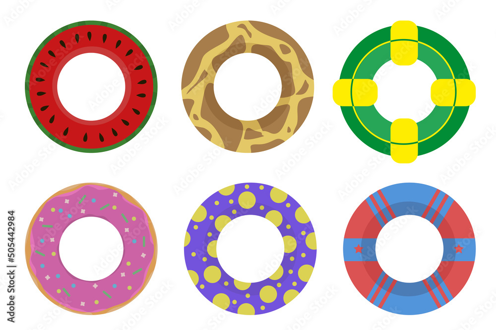 A set of inflatable life buoys with various images on them (watermelon, donut, patterns, giraffe) in a flat style. Vector image. A set of inflatable life buoys with various images on them (watermelon, donut, patterns, giraffe) in a flat style. Vector image.