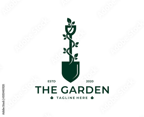 Shovel spade scoop with flower tree leaf root plant for garden plantation culitivation farm logo design Vector template
