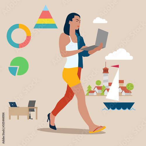 Employee choice to work remotely from resort or on site office for best productivity and result concept, businesswoman with hybrid cloth work both from resort and office.