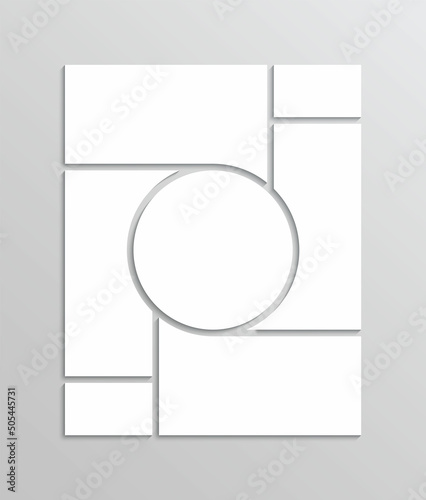 Moodboard layout. Photo collage template. Mood board grid. Mosaic pictures frame. Retro gallery background. Empty album brandboard. Portfolio images with circle. Vector illustration. Vertical banner
