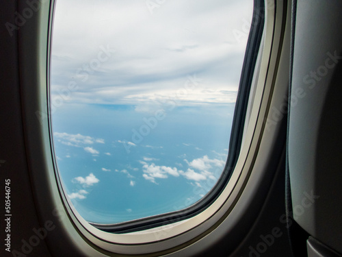 The view from the perspective of an airplane mirror at an altitude of 30,000 feet.