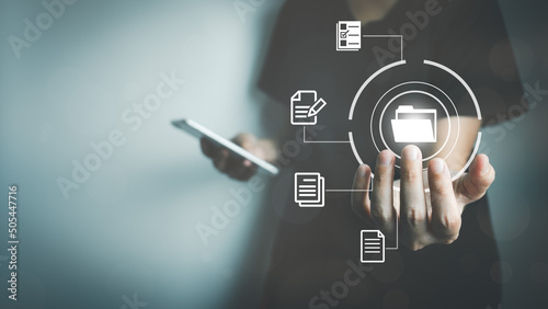 Document Management System (DMS), Online document database management, Organization document Organized, automated processes to manage files, ERP enterprise efficient, business technology.