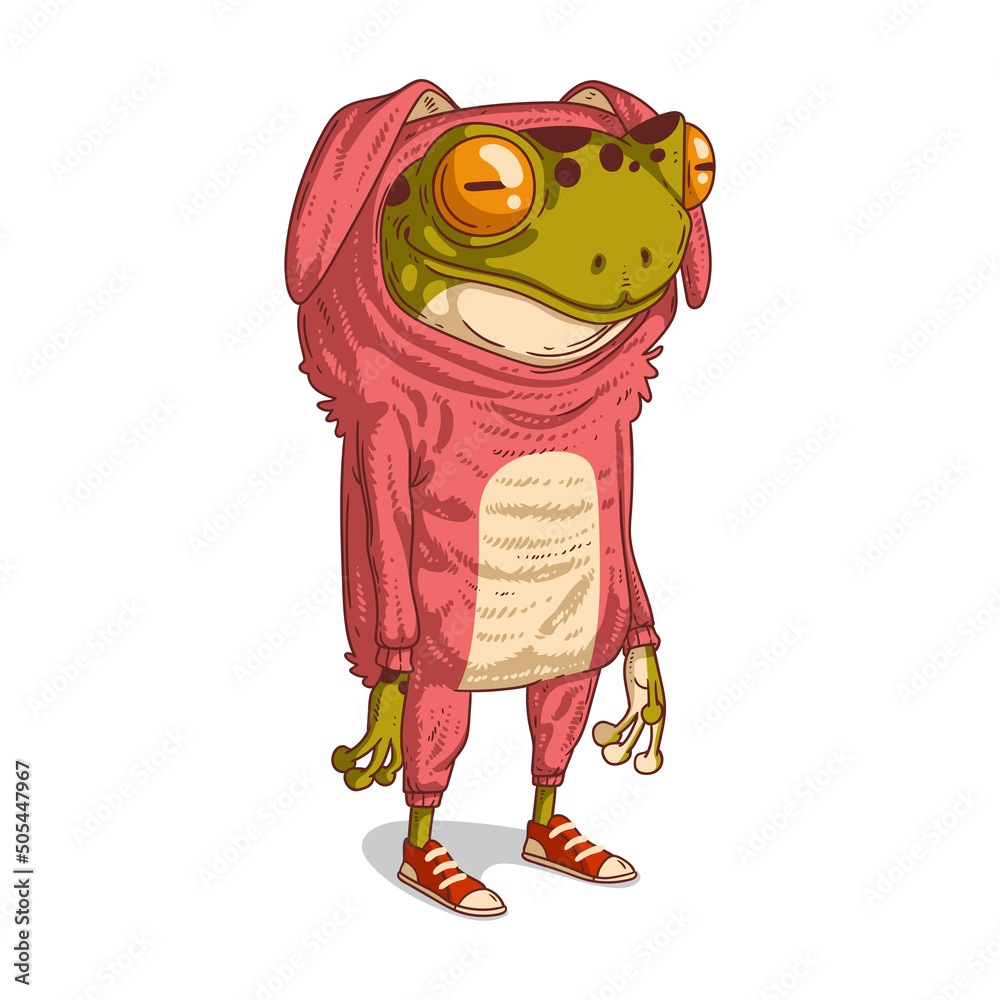 Quirky Frog Dressed as a Rabbit, isolated vector illustration. A toad in a  pink rabbit costume.