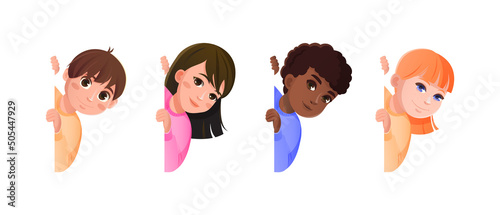 Little boys and girls peeping from behind wall. Vector flat illustration  isolated on white. Adorable persons peeking.