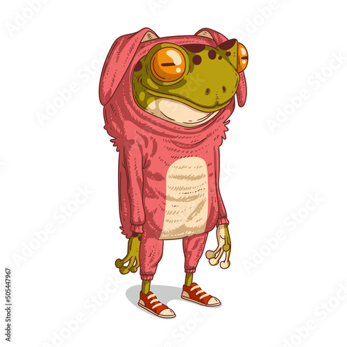 Quirky Frog Dressed as a Rabbit, isolated vector illustration. A toad in a pink rabbit costume. Weird anthropomorphic frog, wearing a bunny pajama. An animal character with a human body. 2023 symbol.