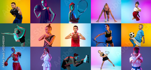 Tableau sur toile Collage of different little sportsmen in action and motion isolated on multicolored background in neon