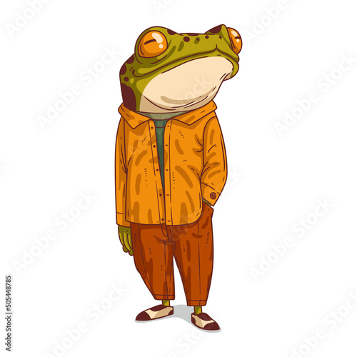 A Poseur Frog, isolated vector illustration. Young trendy dressed anthropomorphic frog showing off. Humanized toad posing. A fancy guy. A Photo Model. An animal character with a human body.