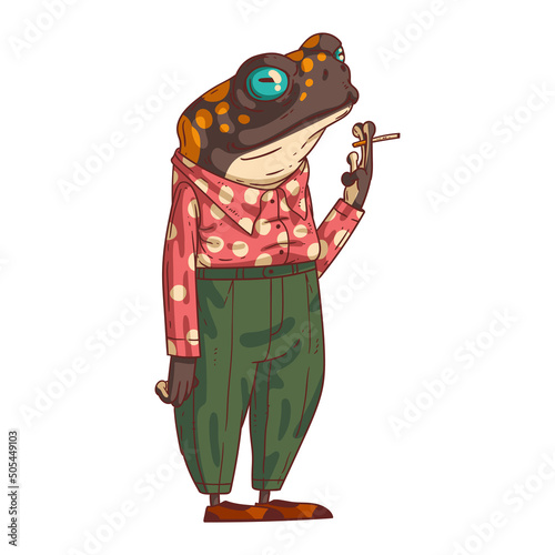 A Grumpy Frog, isolated vector illustration. Frowning elegant anthropomorphic toad, wearing a polka dot shirt, smoking a cigarette looking at something strictly. An animal character with a human body.