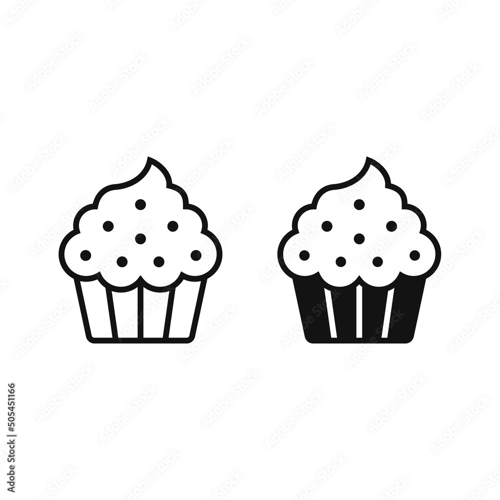 Cup Cake Icon. Set of Dessert Icon Line and Silhouette. Dessert, Sweet, Bakery, Cake.