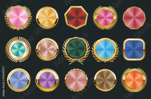 Collection of golden badges and labels with conical gradient retro style