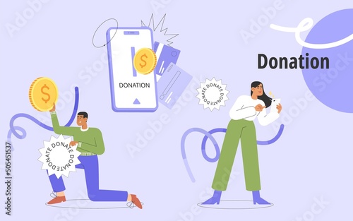 Concept of financial support, donation and charity. Set of flat vector illustration with people make donations.