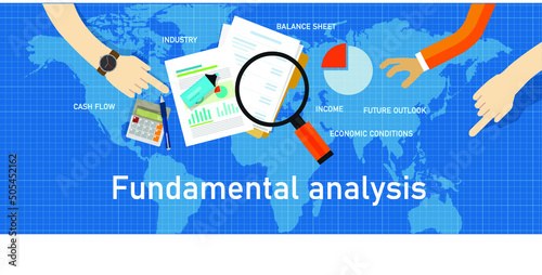 Vector illustration of fundamental analysis concept with symbols on blue background with copy space