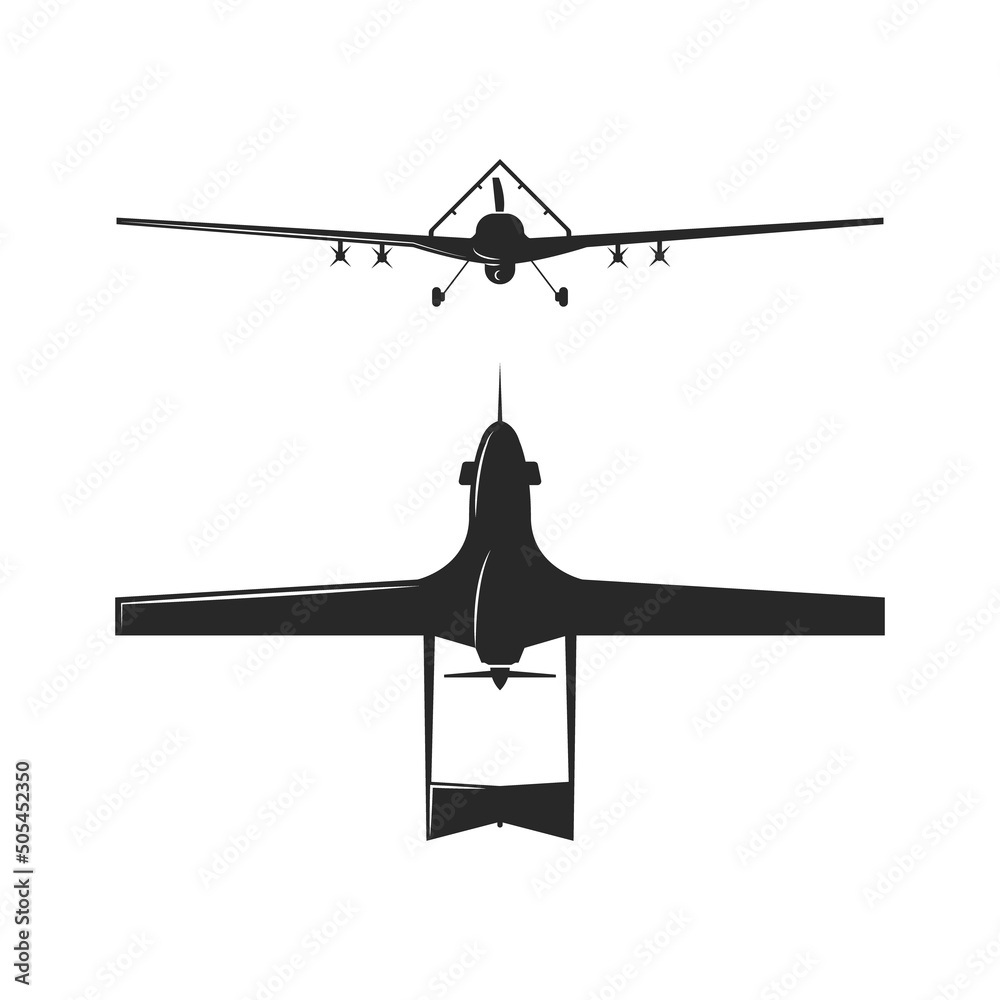 Φωτογραφία Bayraktar TB2 Turkish unmanned combat aerial vehicle drone silhouette black and white illustration of air military equipment top and front view isolated on white background