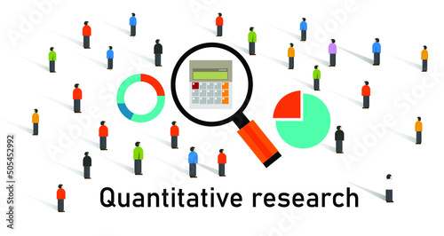 Vector illustration of a quantitative research concept with magnifier, calculator, and a crowd