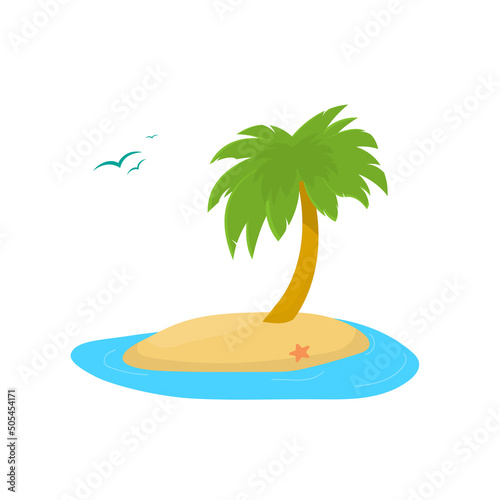 Desert island in ocean with one palmtree and red sea star on sand. Green palm tree in desert sand island. Icon circle image. Birds flying near ocean.