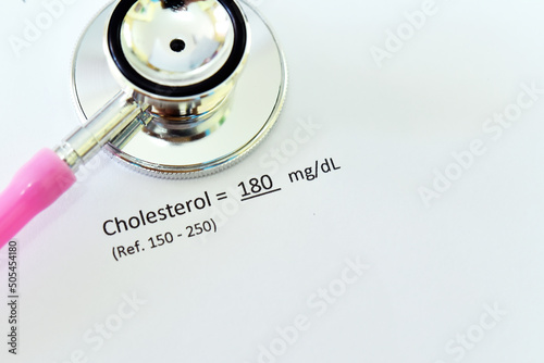 Cholesterol test result with stethoscope, the result within normal range photo