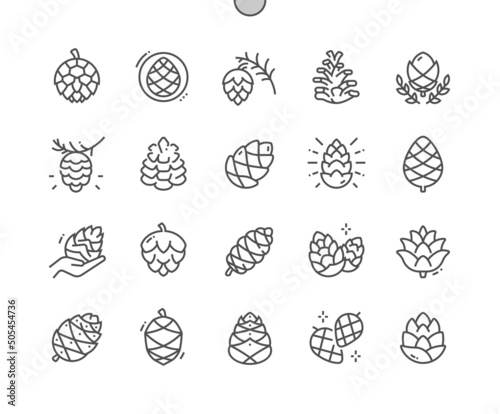 Pine cone. Forest tree. Natural botany. Pixel Perfect Vector Thin Line Icons. Simple Minimal Pictogram