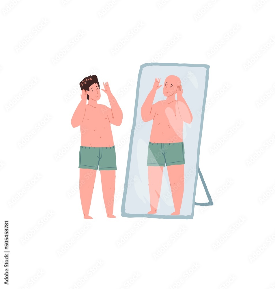 Papier peint Vector cartoon flat character misjudging appearance,man with hair looks in mirro