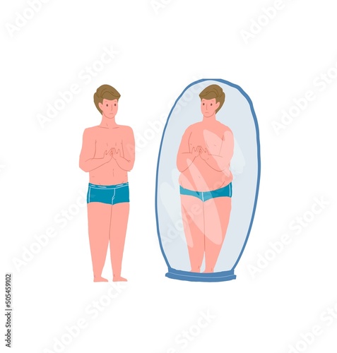 Vector cartoon flat character misjudging appearance,normal man looks in mirror and seeing fat person-metaphor of inadequate self-esteem,psychological problems treatment and therapy concept