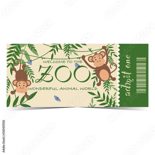 Zoo entrance ticket design with monkeys on creepers in the jungle. Vector illustration in flat style of zoological garden entry talon or coupon with detachable or tear-off part and barcode.